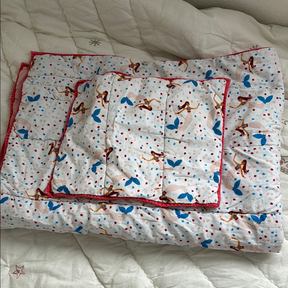 Anthropologie toddler Mermaid Quilt & pillow case- Blue and Red